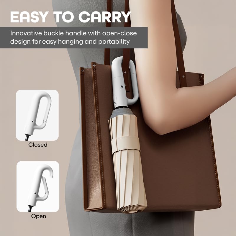 DRICKTRICK Compact Travel Umbrella With Reflective Strip Carabiner Handle Windproof & UV Protection Anti-Slip Handle