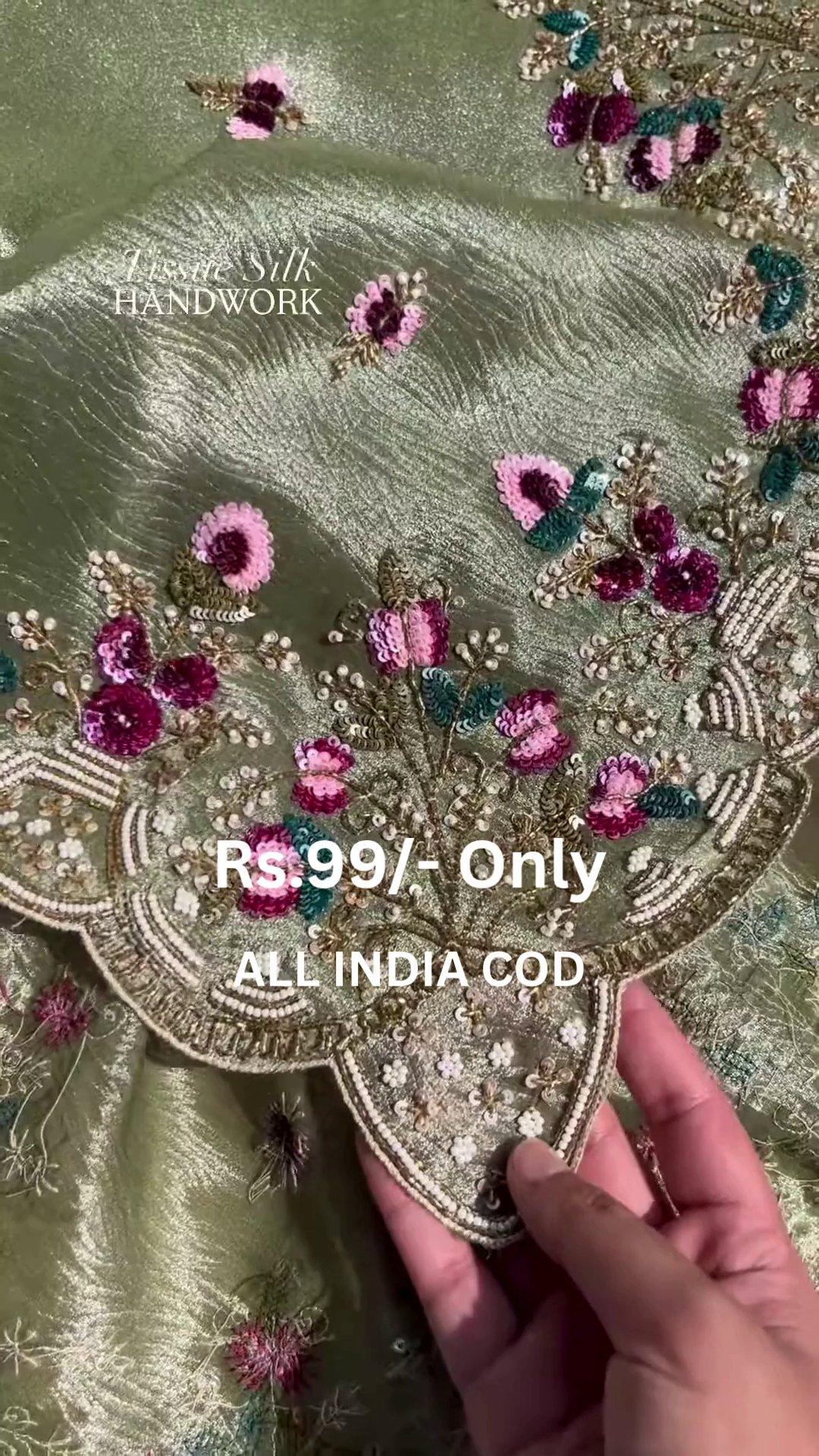 Luxe Olive Tissue Silk Handwork Saree with Floral Embroidery - Image 4