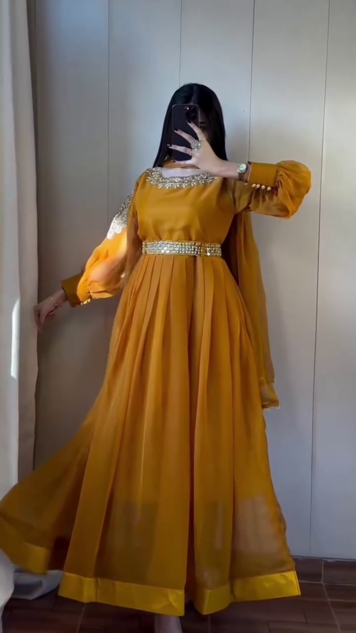 Regal Mustard Anarkali with Embellished Waist Belt - Image 3