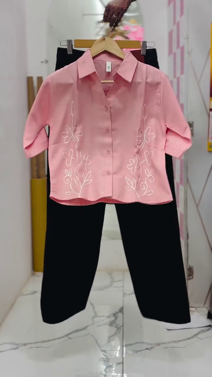 Soft Pink Embroidered Shirt with Timeless Black Bottom - Image 3
